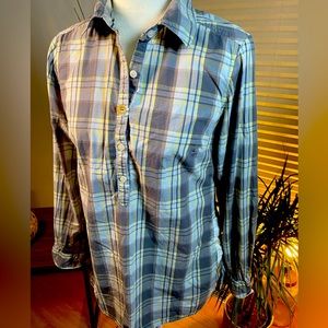 Roots Canada Grey and Yellow Plaid Long Sleeve Button 100% Cotton Shirt